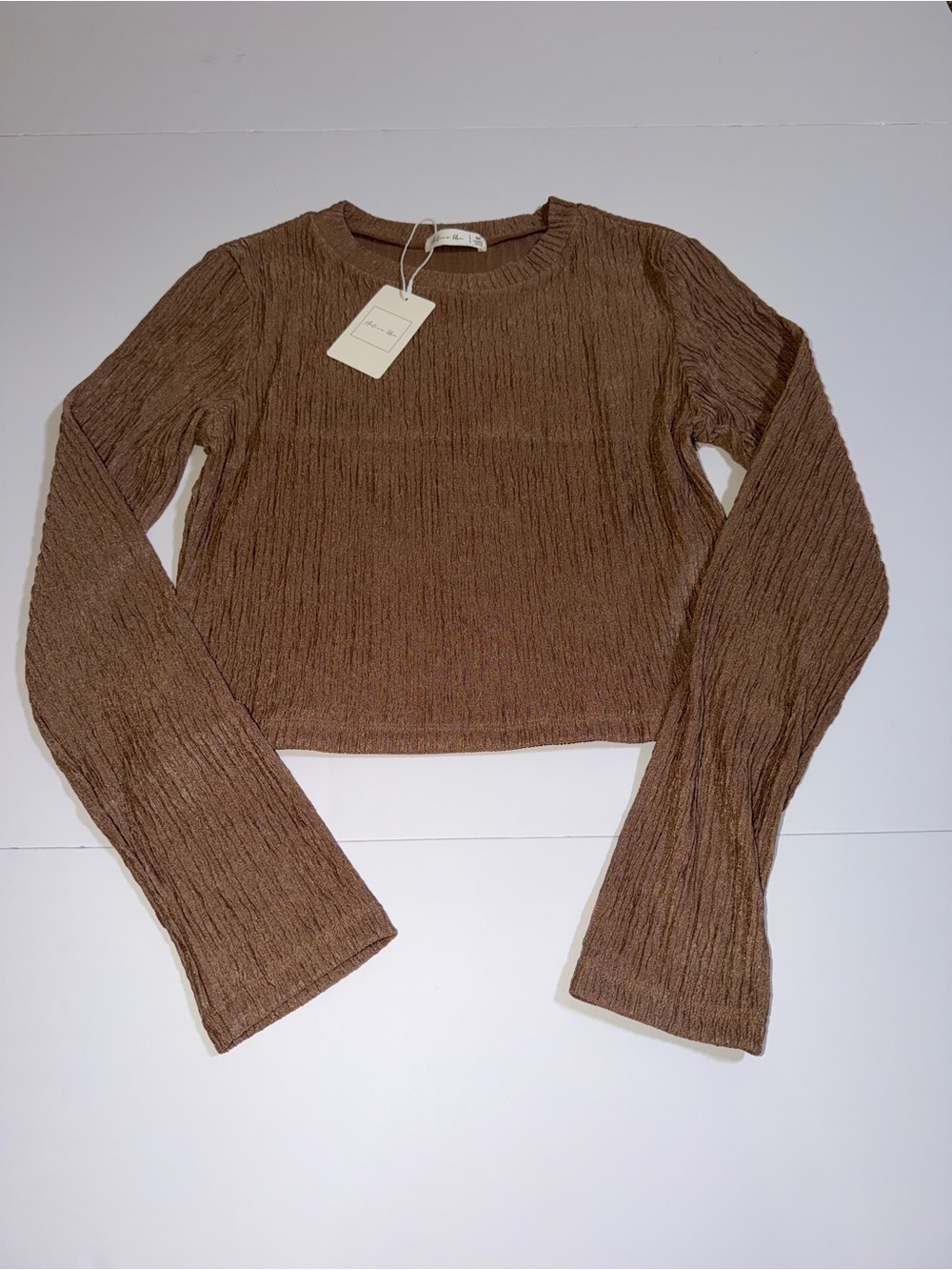 Active USA Brown Crinkled Long Sleeve Crop Top